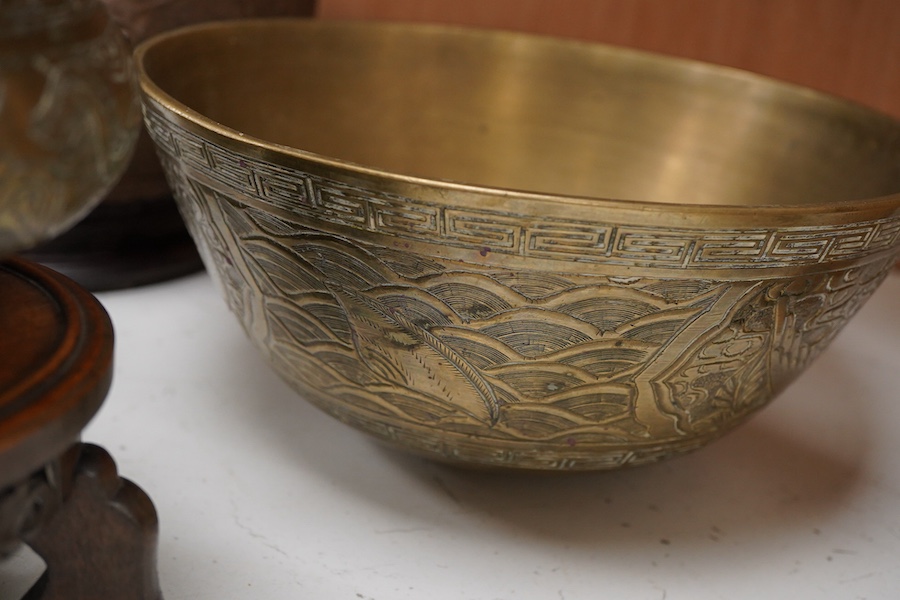 A Chinese bronze bowl, cover and bowl, mustard canister pot, largest bowl 24cm diameter